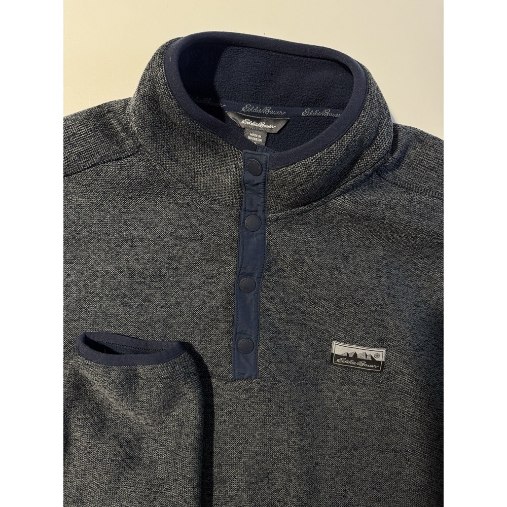 Eddie Bauer Sweater Fleece Men's Heather Navy Long Sleeve Pullover‎ Snap Large